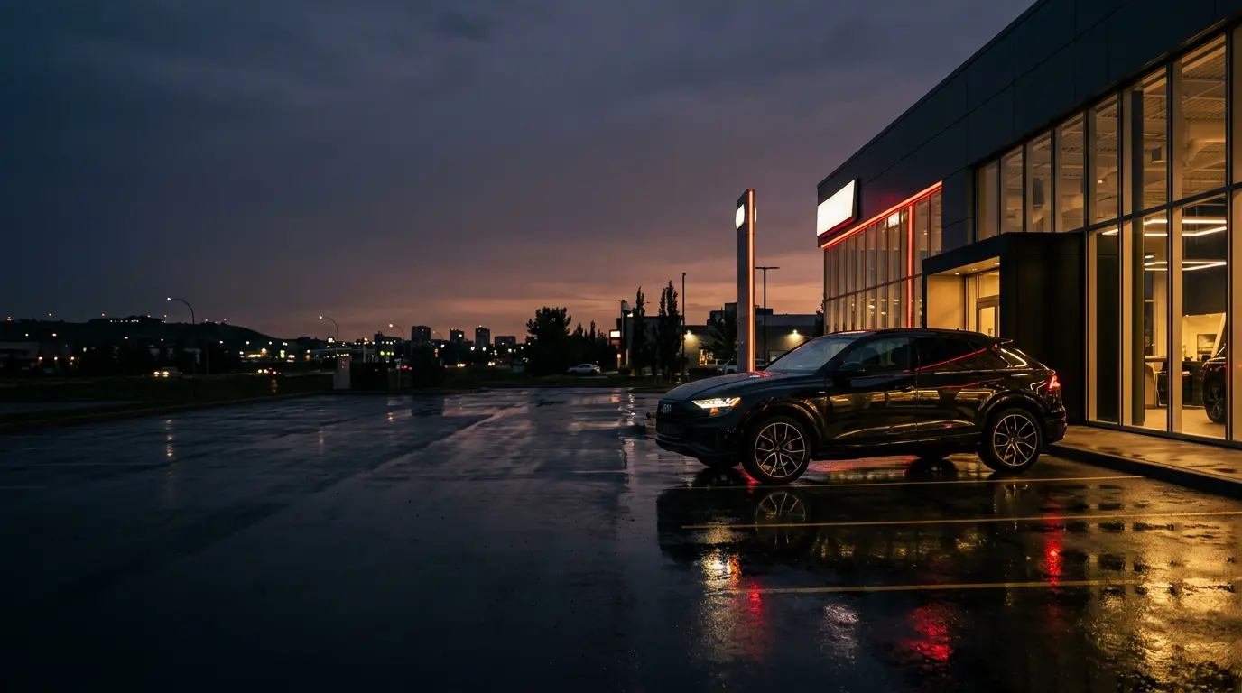 A black SUV parked outside a dealership at dusk
